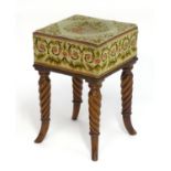 A Regency mahogany stool with a needlework squared top above four rope twist legs terminating in