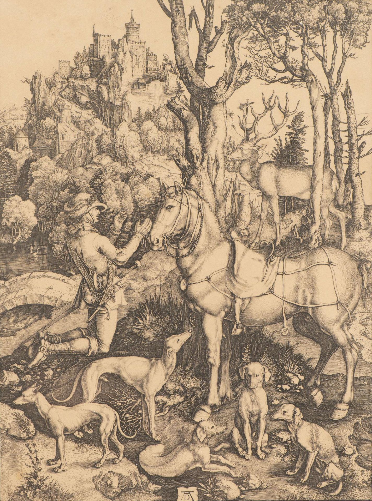 D'après Albrecht Dürer (1471-1528), "Saint Hubert", héliogravure, monogramme au [...]