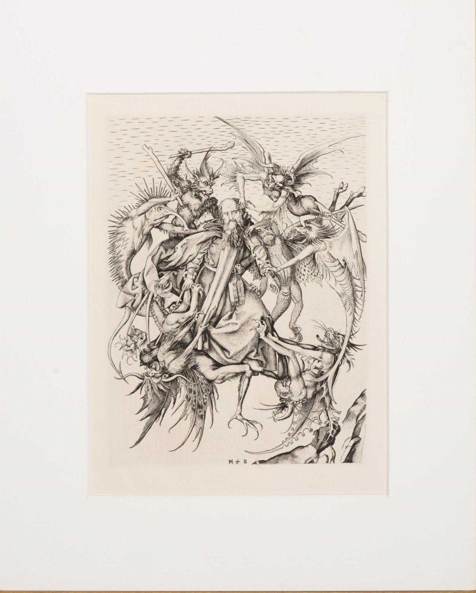 Martin Schongauer (1430-1491) "La tentation de Saint Antoine", gravure, monogramme au [...]