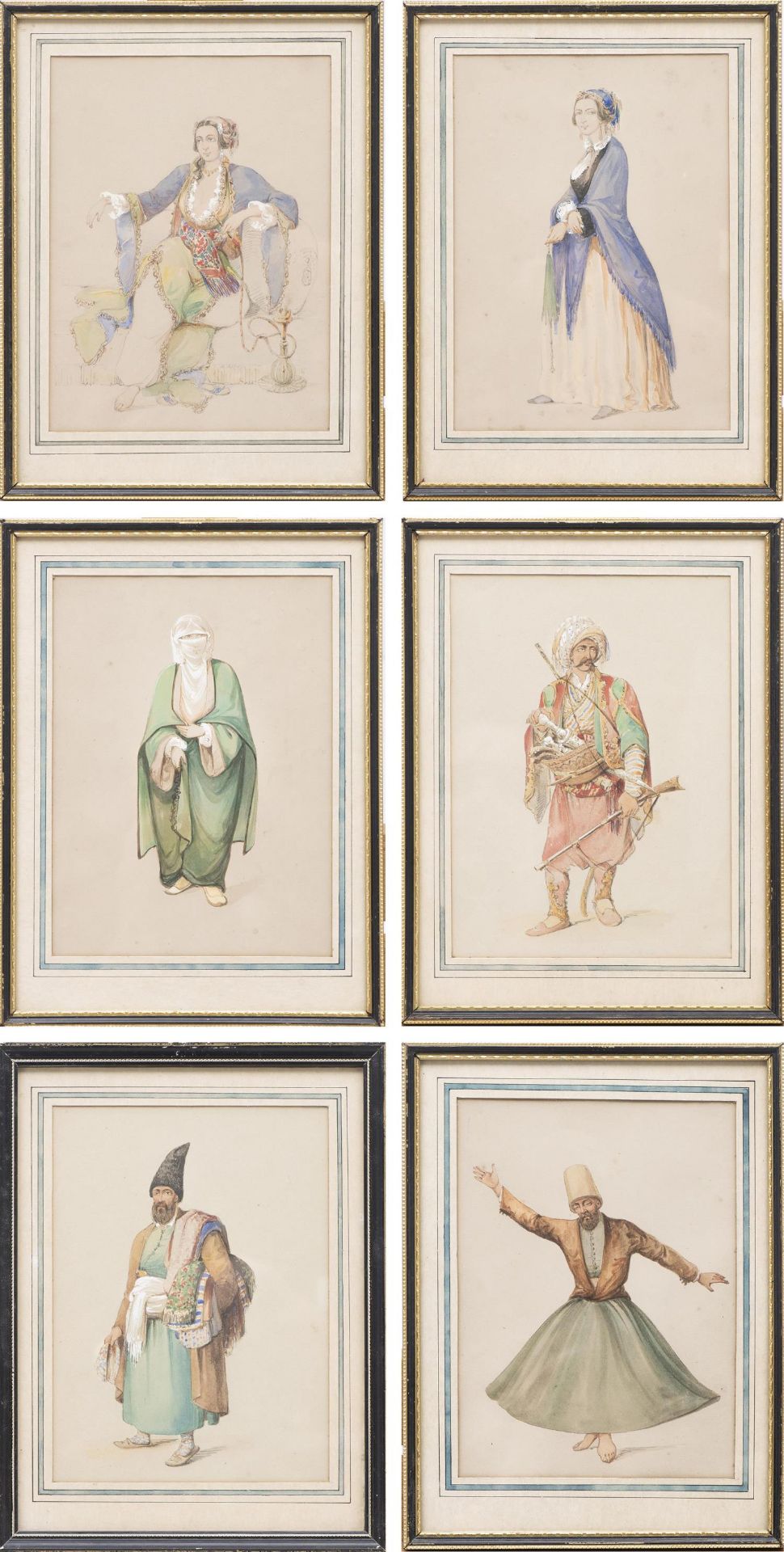 Ensemble de 6 aquarelles orientalisantes représentant 3 hommes et 3 femmes en tenues [...]