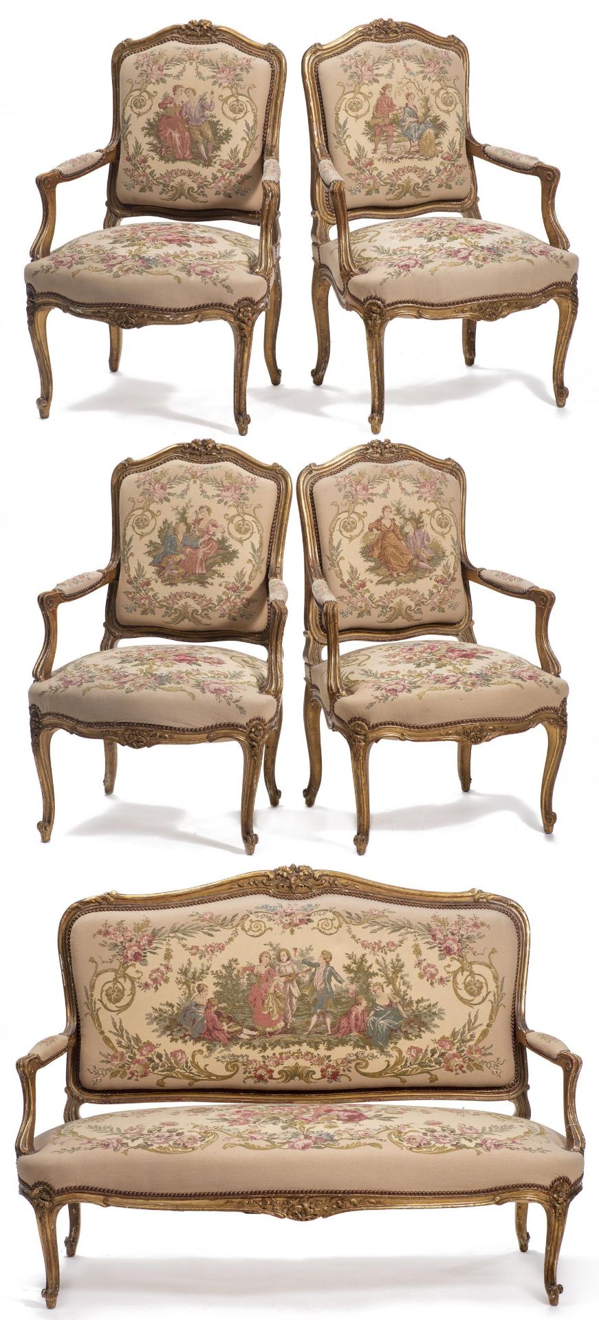 Salon de style Louis XV composé de quatre fauteuils et un canapé, à bâti en bois [...]