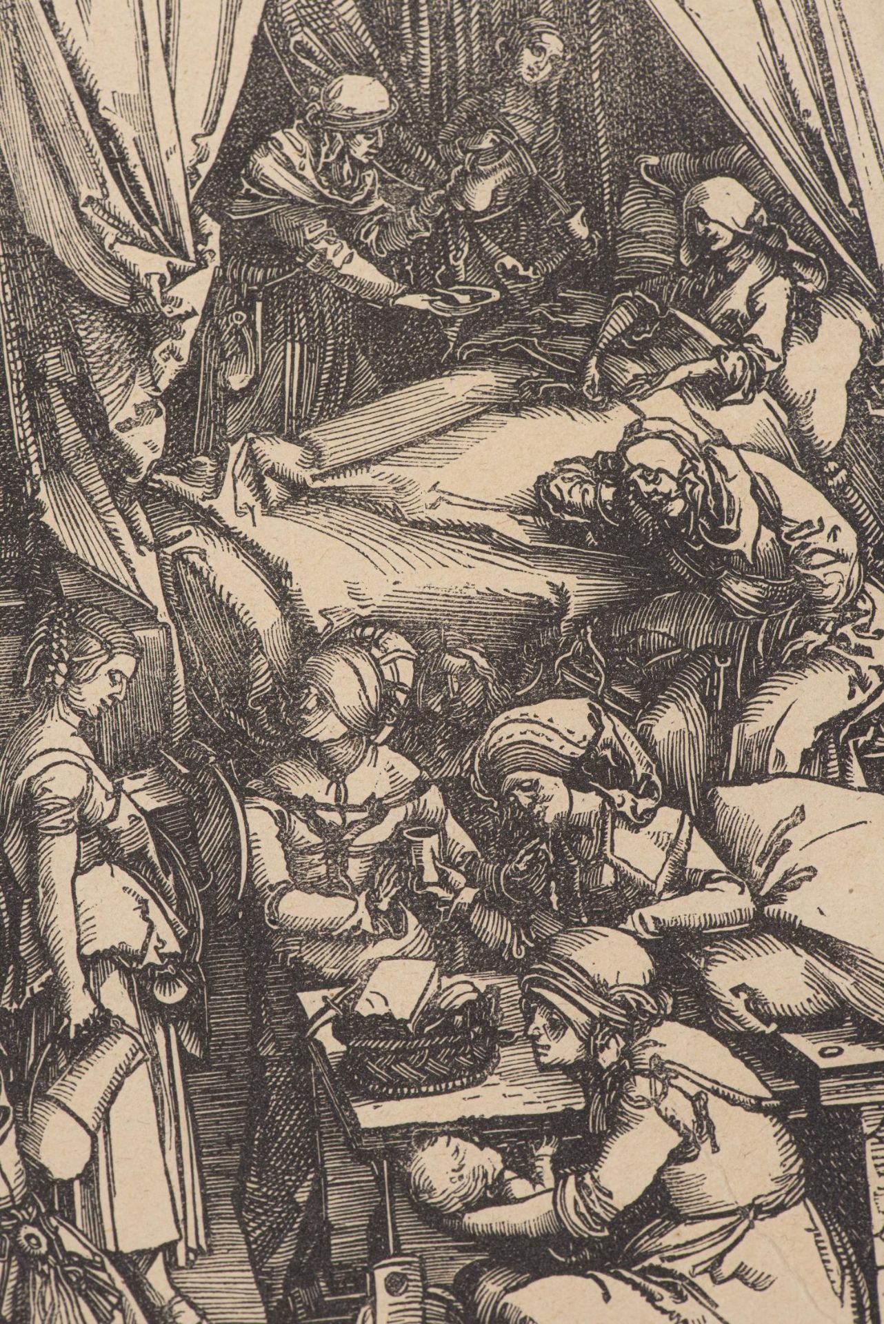 Albrecht Dürer (1471-1528), "La naissance de Marie" vers 1503. Gravure tirage [...] - Bild 4 aus 6