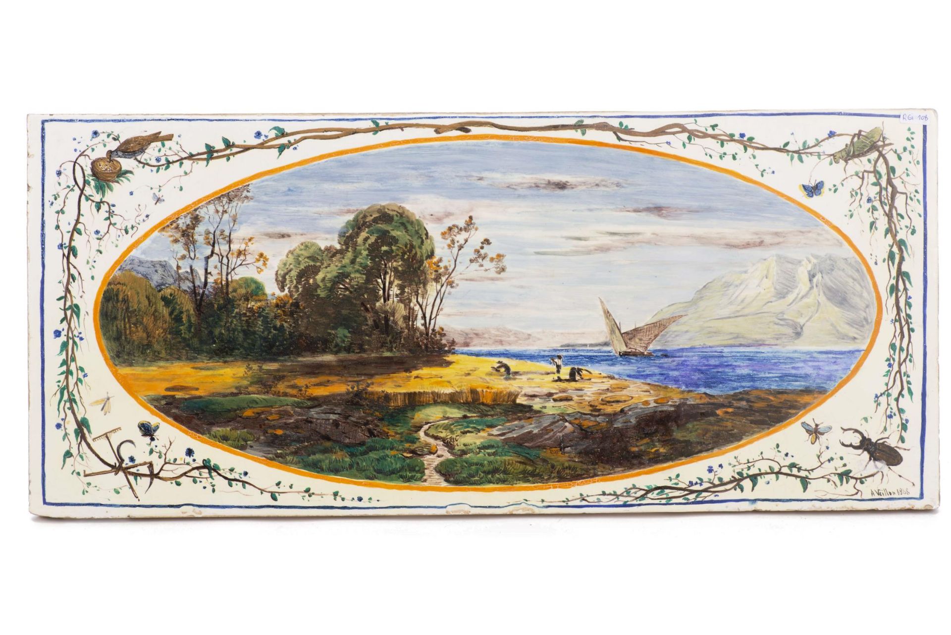 Auguste Louis VEILLON (1834-1890) "Bord de lac". Peinture sur une plaque de fourneau [...]