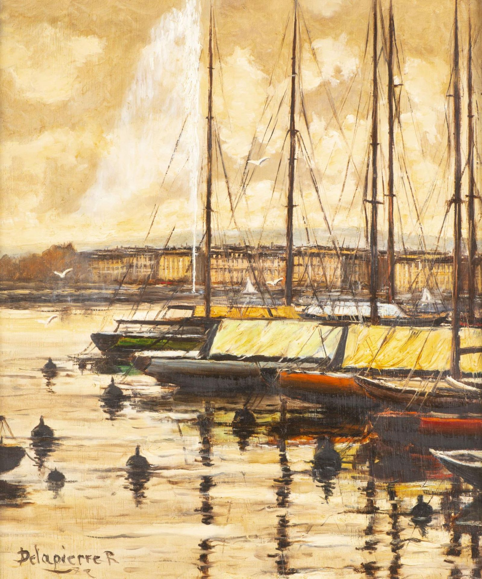 Roger Delapierre (né en 1935) "La rade et le Jet d'eau à Genève". Huile sur [...]