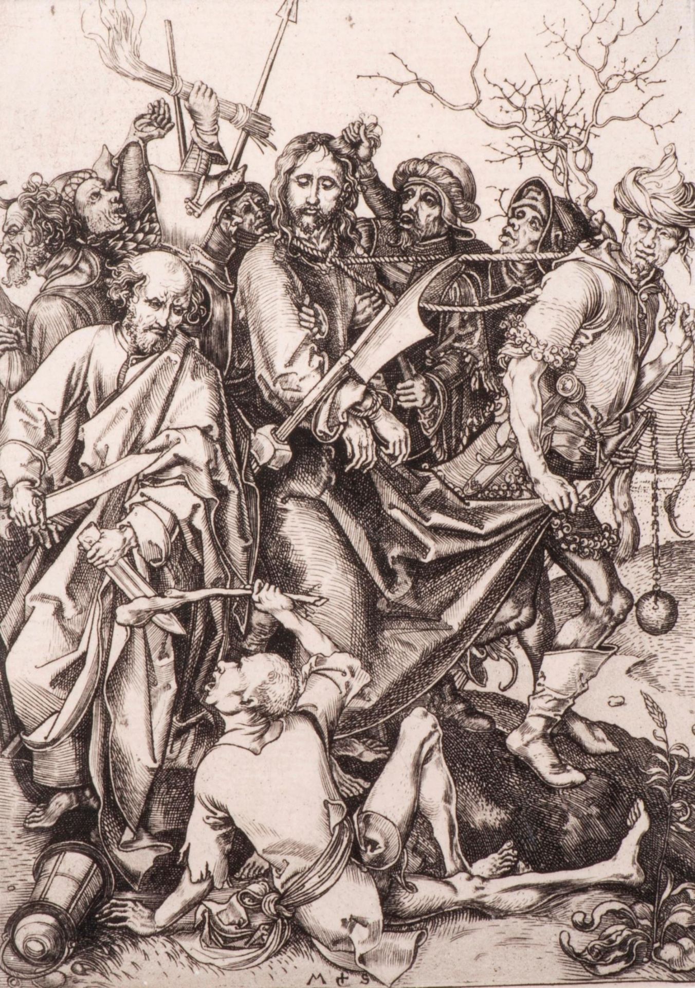 Martin Schongauer (1430-1491) "L'arrestation du Christ". Gravure, monogramme au [...]