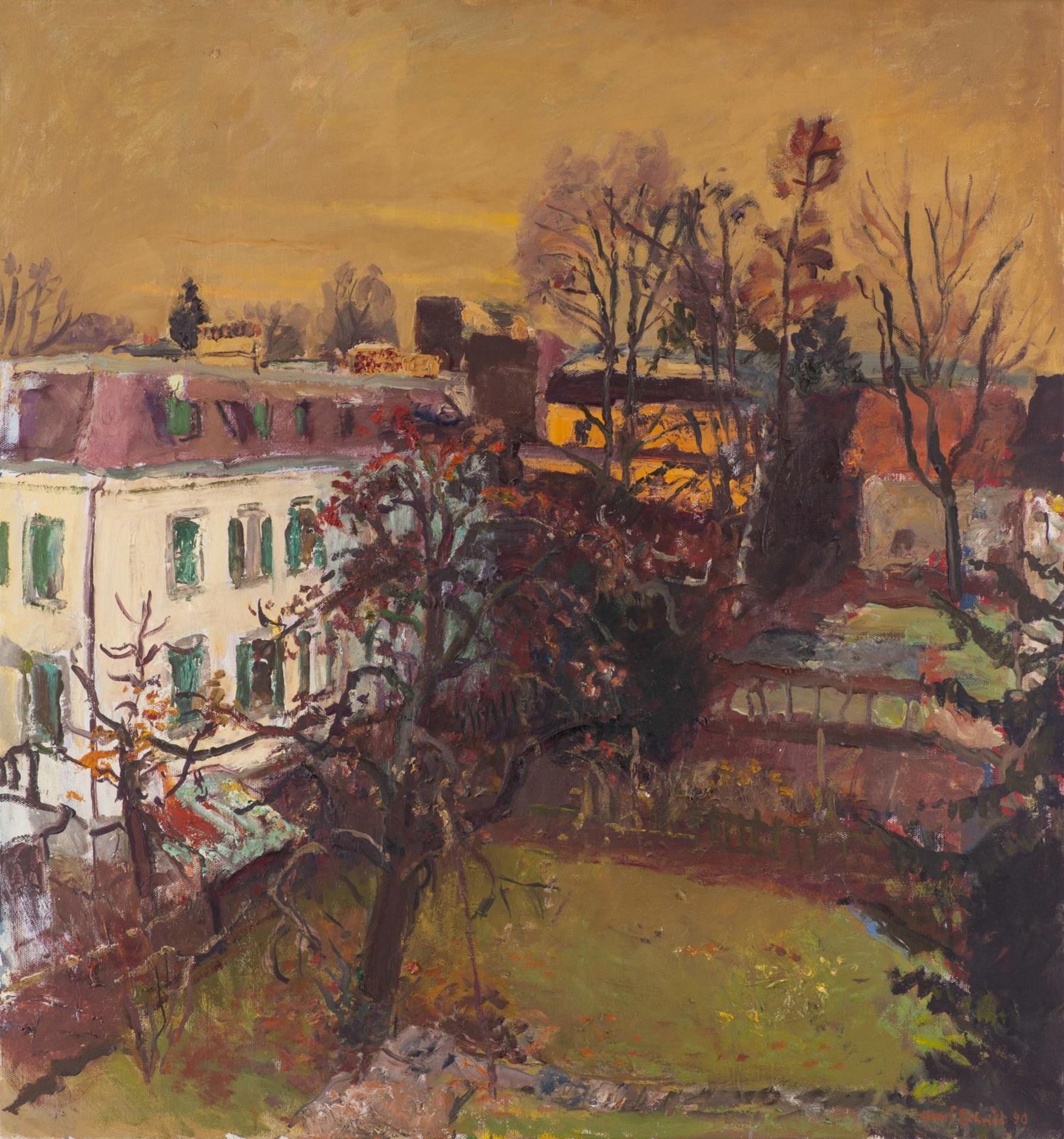 Henri Schmid (1924-2009) "Märzabend - Paysage urbain". Huile sur toile sbd en rouge [...]