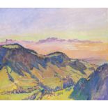 Henri Schmid (1924-2009) "Paysage de montagne". Huile sur toile sbd en mauve et daté [...]