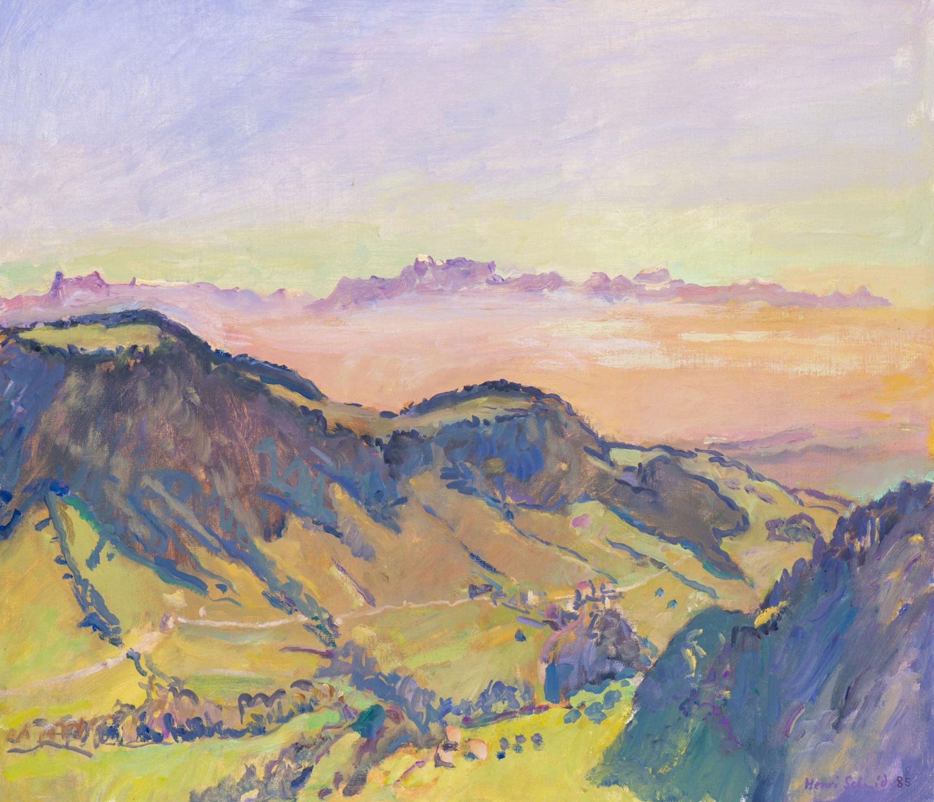 Henri Schmid (1924-2009) "Paysage de montagne". Huile sur toile sbd en mauve et daté [...]