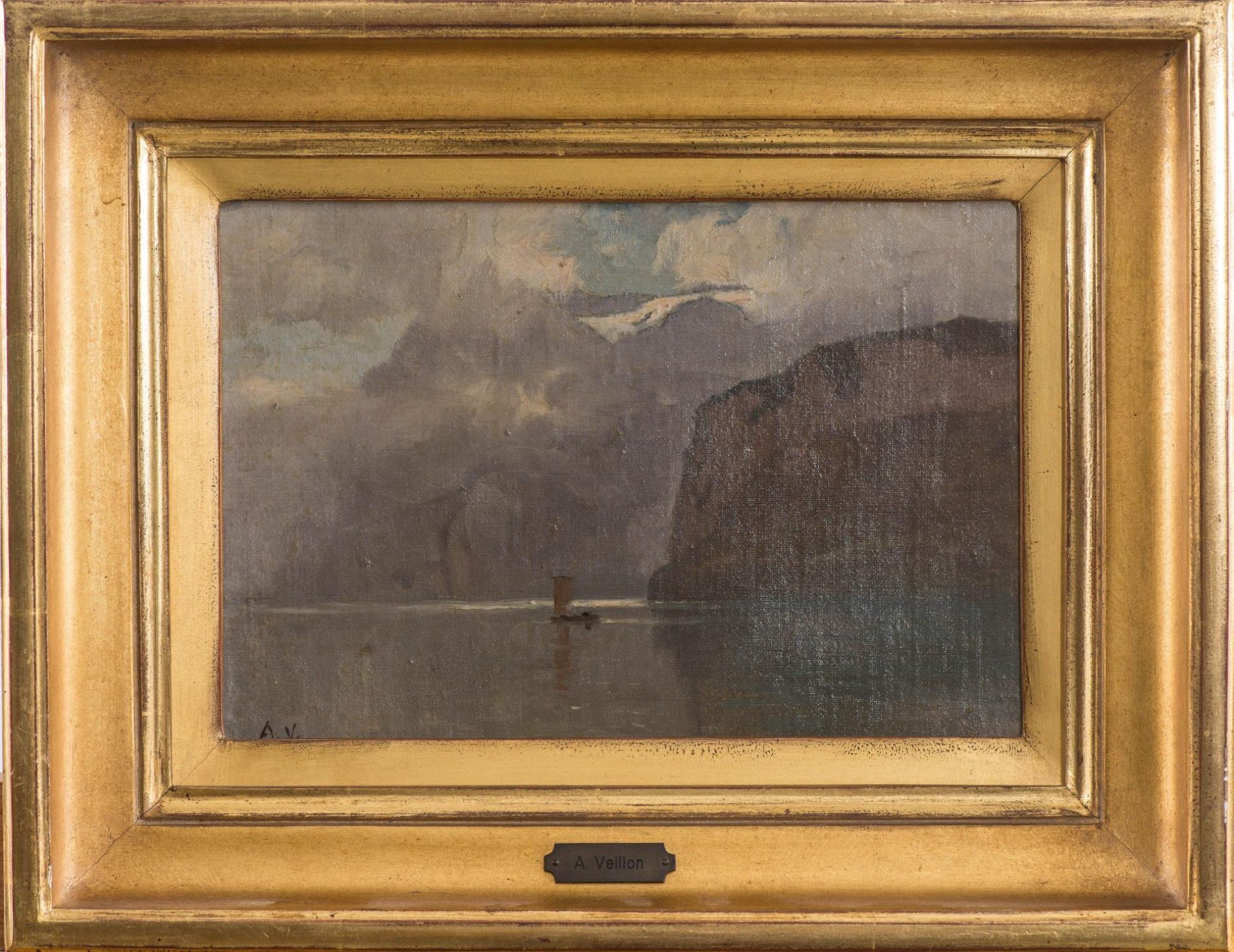 Auguste Louis Veillon (1834-1890), "Paysage lacustre avec montagnes". Huile sur [...]