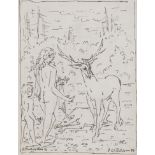 Emile François Chambon (1905-1993) "Rencontre avec un cerf - Cruseilles". Dessin à [...]