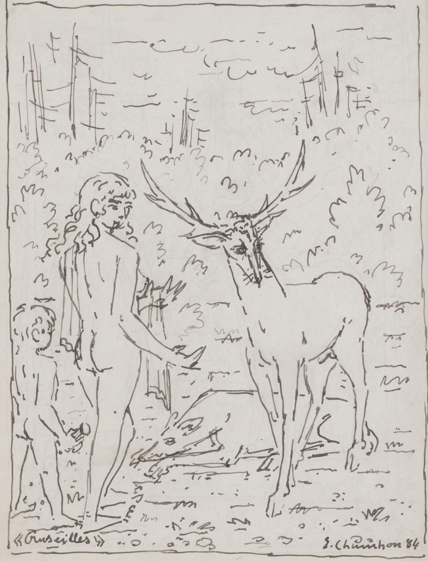 Emile François Chambon (1905-1993) "Rencontre avec un cerf - Cruseilles". Dessin à [...]