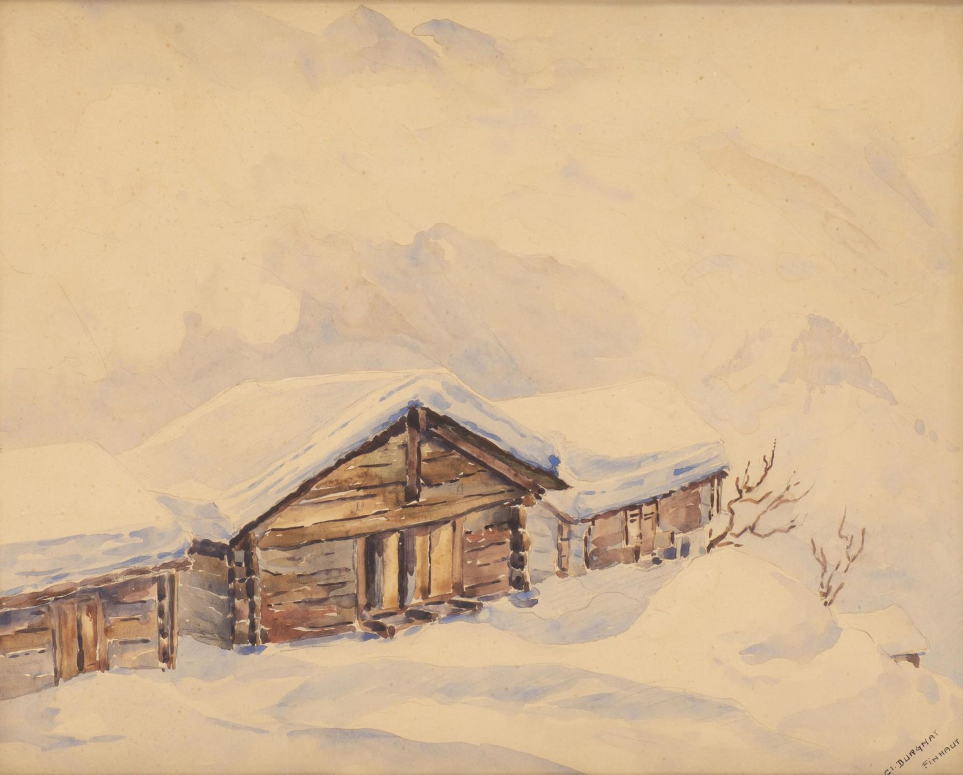 Clara Durgnat (1901-1966) "Finhaut sous la neige". Aquarelle sur papier sbd. 34.5x43 [...]