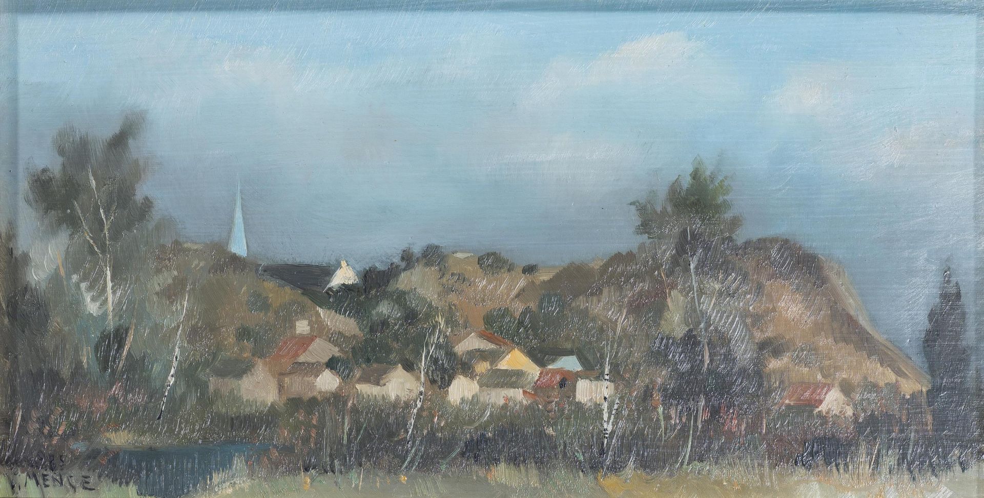 Charles Menge (1920-2009), "Vue d'un village". Huile sur panneau, sbg, dédicacé au [...]