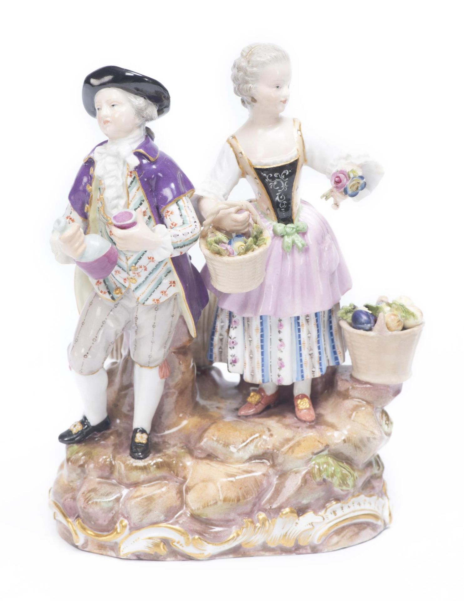 Porcelaine de Meissen, marchands de fleurs et de vin. Marque au R souligné, vers [...]