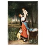 * Porcelain Plaque. A young mother and her children in a landscape, mid 19th century
