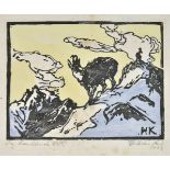 * Kuh (Wilhelm Friedrich, 1886-1967). Goats on a mountain top, 1923, colour woodcut on laid paper