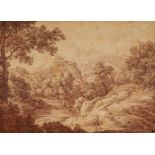* Dughet (Gaspard, 1615-1675). Landscape with two figures on a path by a river