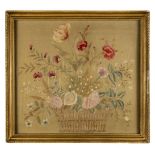 * Embroidered picture. A basket of flowers, English, early 19th century