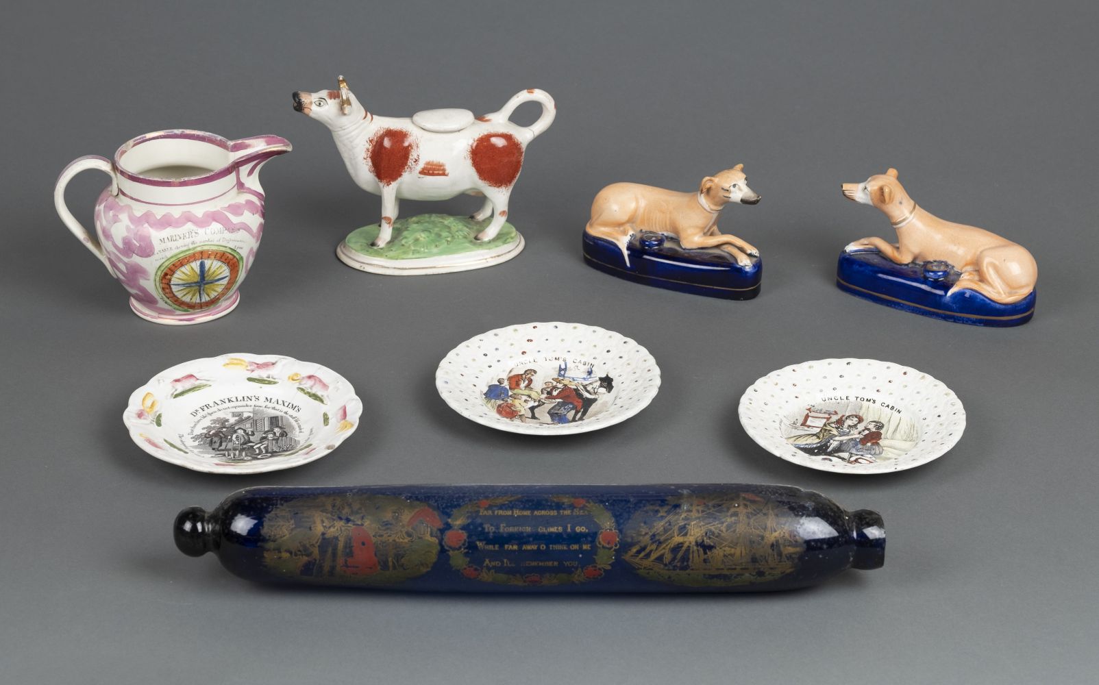 * Decorative ceramics. A mixed collection including a cow creamer