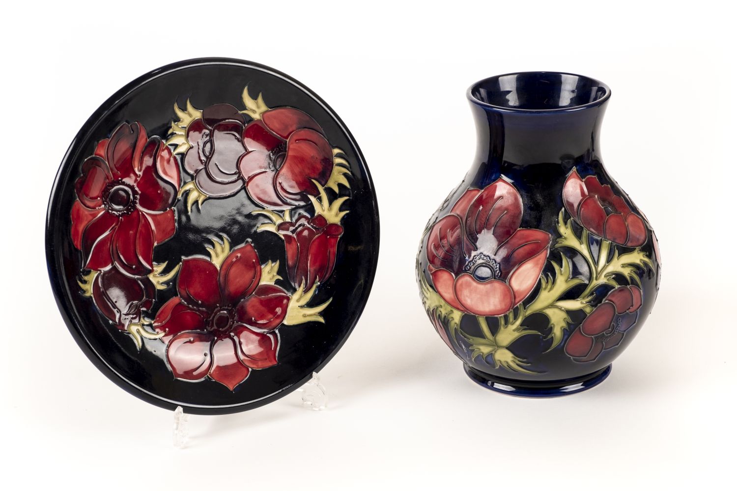 * Moorcoft. A Moorcroft pottery 'Amenome' pattern vase plus a dish