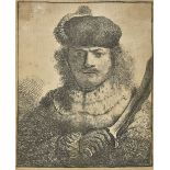 * Rembrandt (Harmensz van Rijn, 1606-1669). Self-Portrait with Raised Sabre