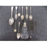 * Mixed silver. A collection of silver cutlery plus sugar caster