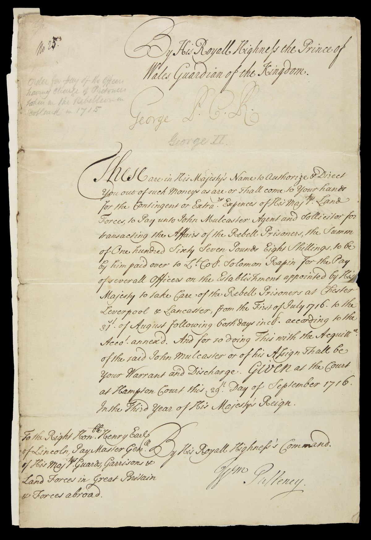 * George II (King of Great Britain and Ireland, 1683-1760). Manuscript Warrant, 1716