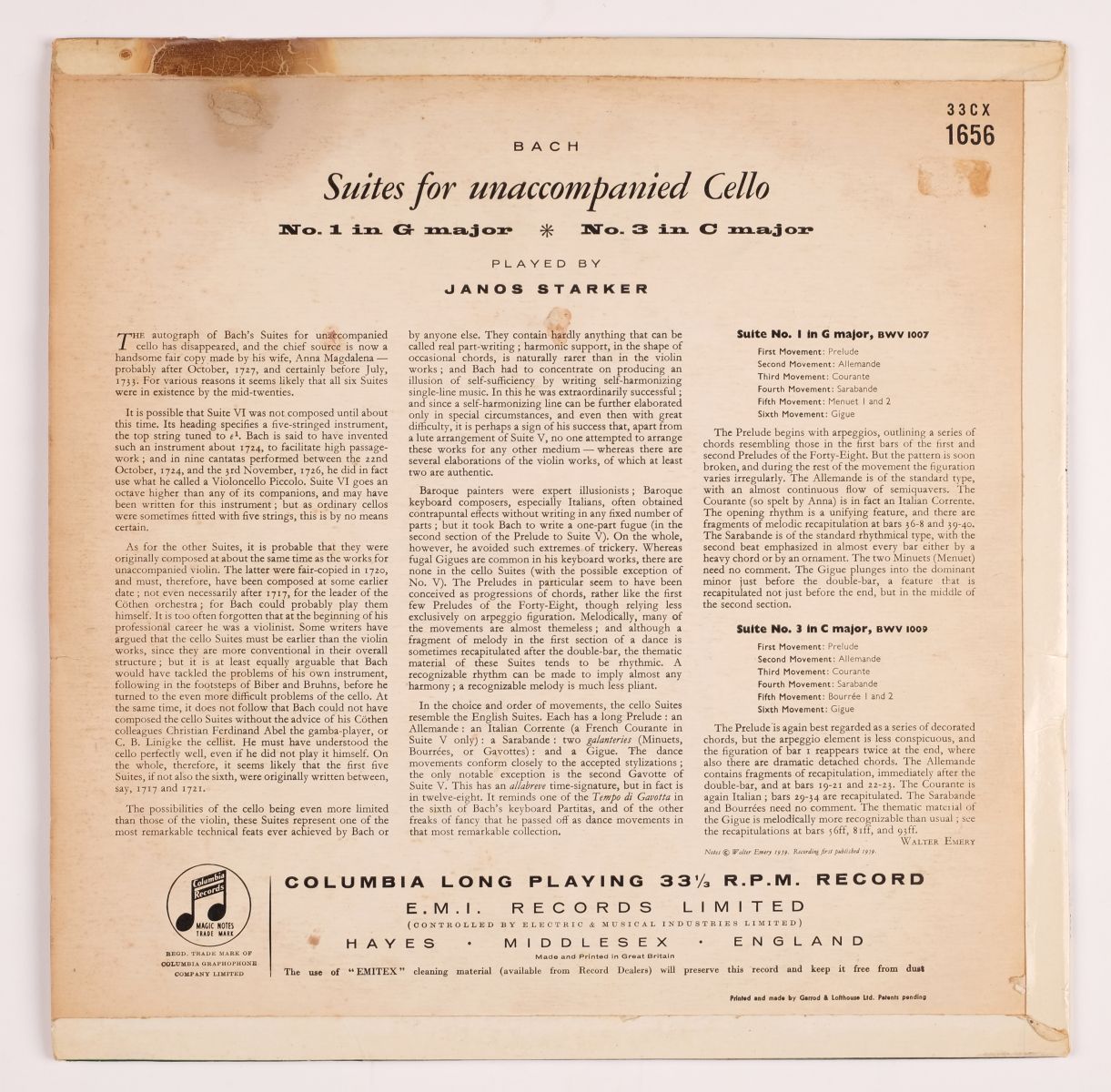 * Classical. Bach Suites for Unaccompanied Cello played by Janos Starker (ED1, Columbia 33CX 1656) - Image 2 of 6