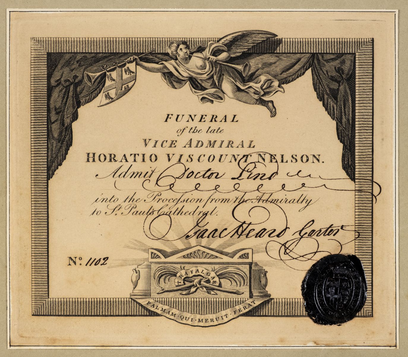 * Nelson (Horatio, 1st Viscount Nelson, 1758-1805). Ticket for Funeral Procession, 1806
