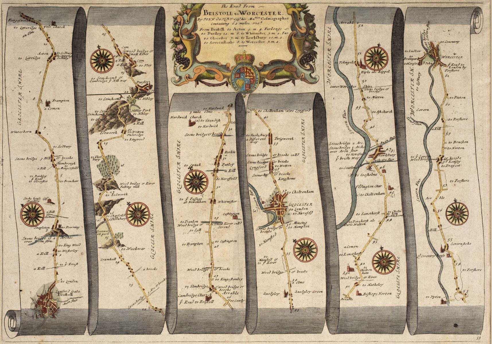 Ogilby (John). Three strip road maps, circa 1680