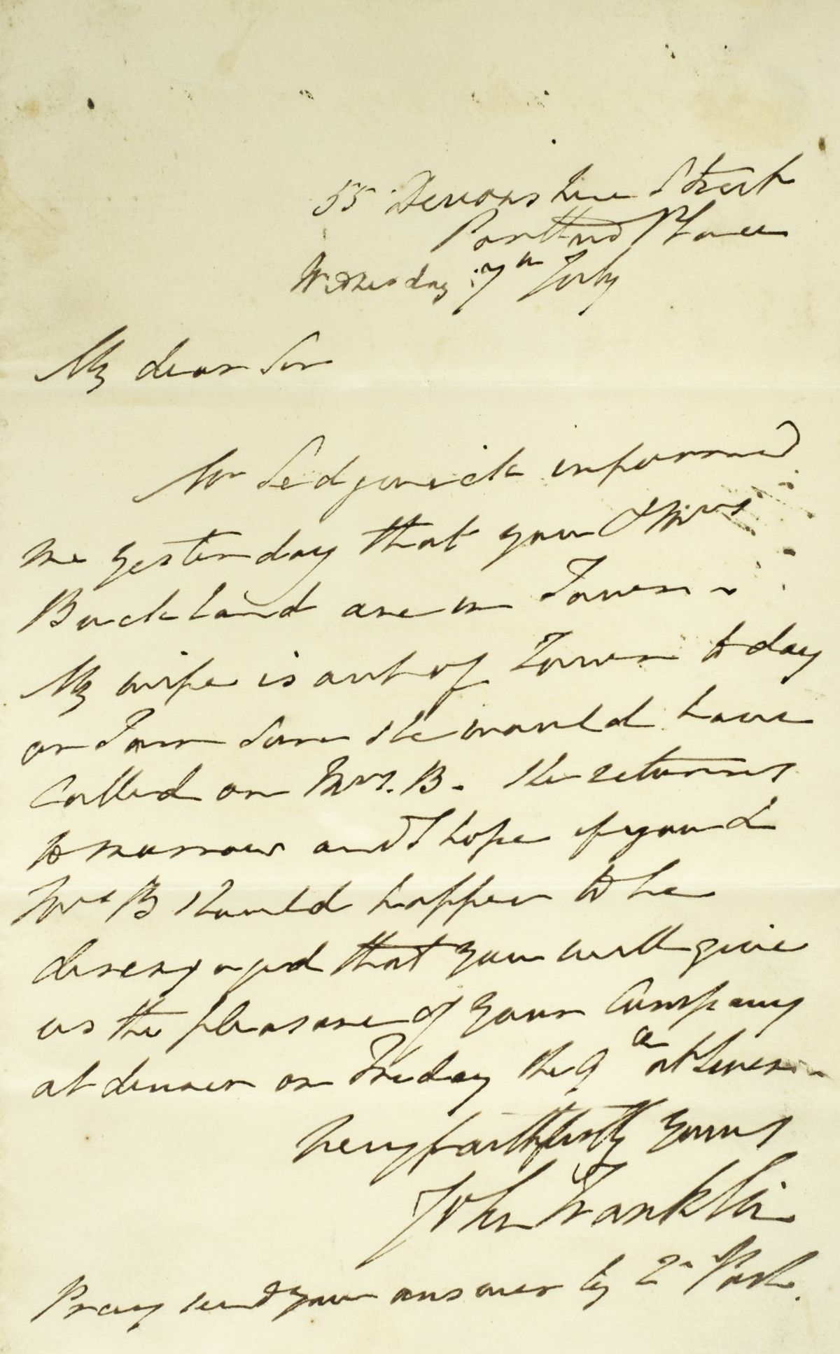 * Franklin (John, 1786-1847). Autograph Letter Signed, circa 1820