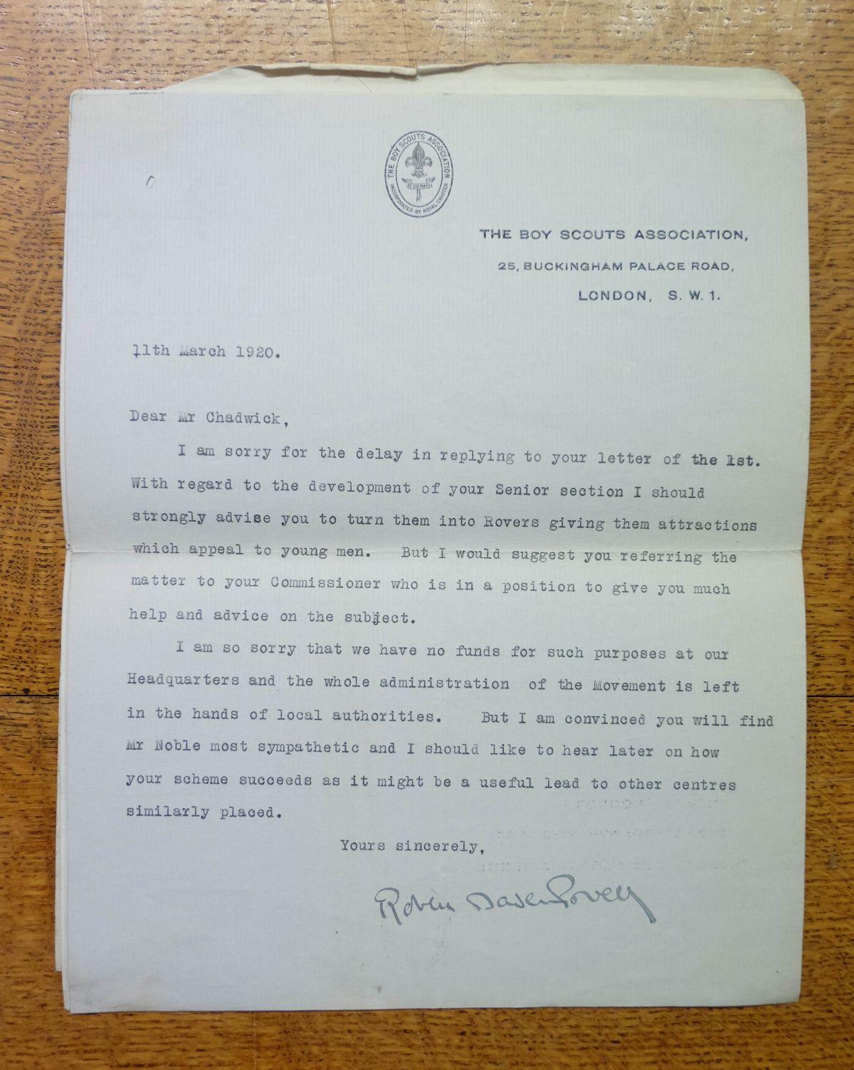 * Baden-Powell (Robert, 1857-1941). 5 Typed Letters Signed, 1920-25 - Image 2 of 8