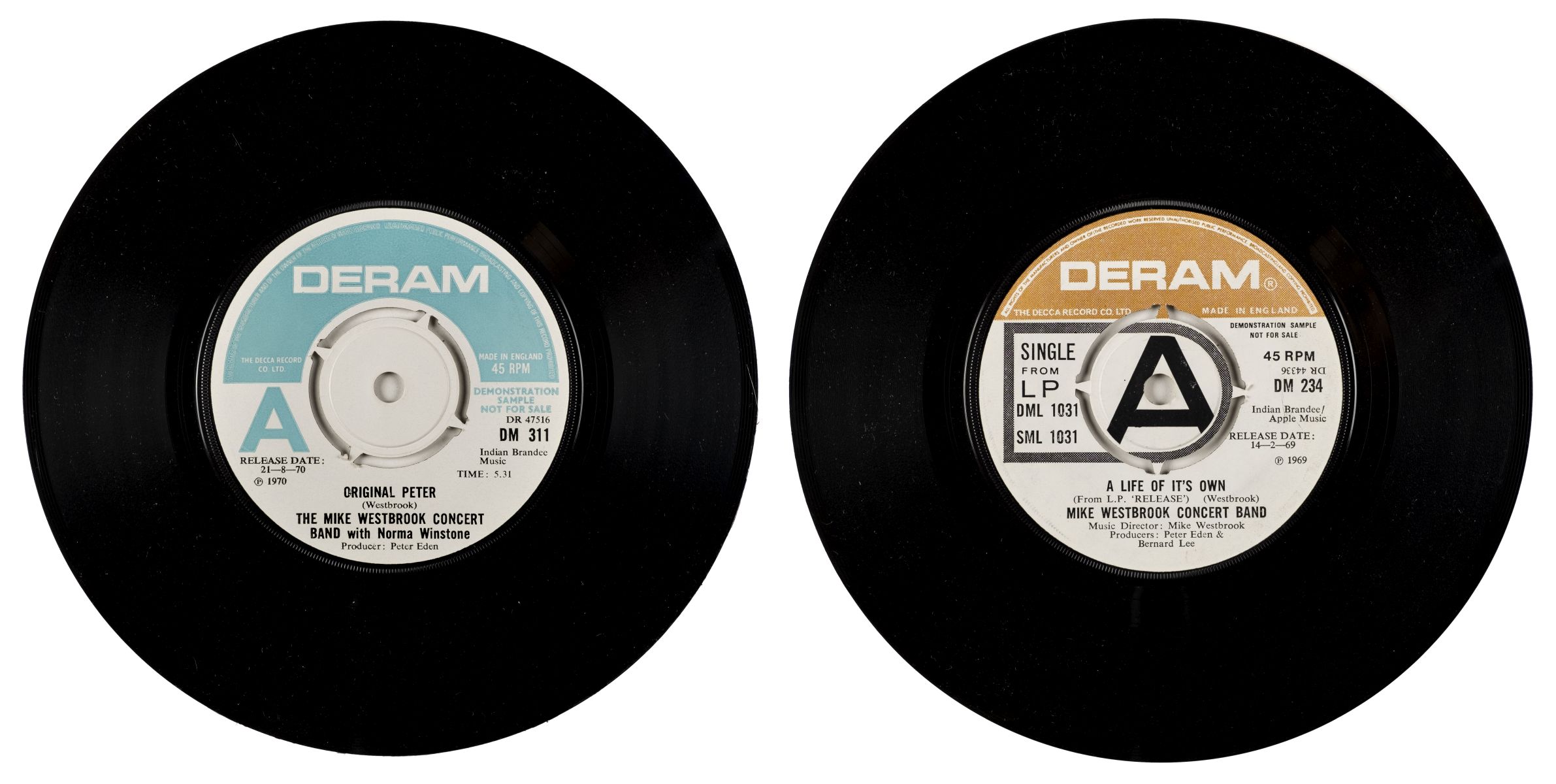* Jazz. Pair of rare promo singles by The Mike Westbrook Concert Band (Deram, DM311 / DM234)