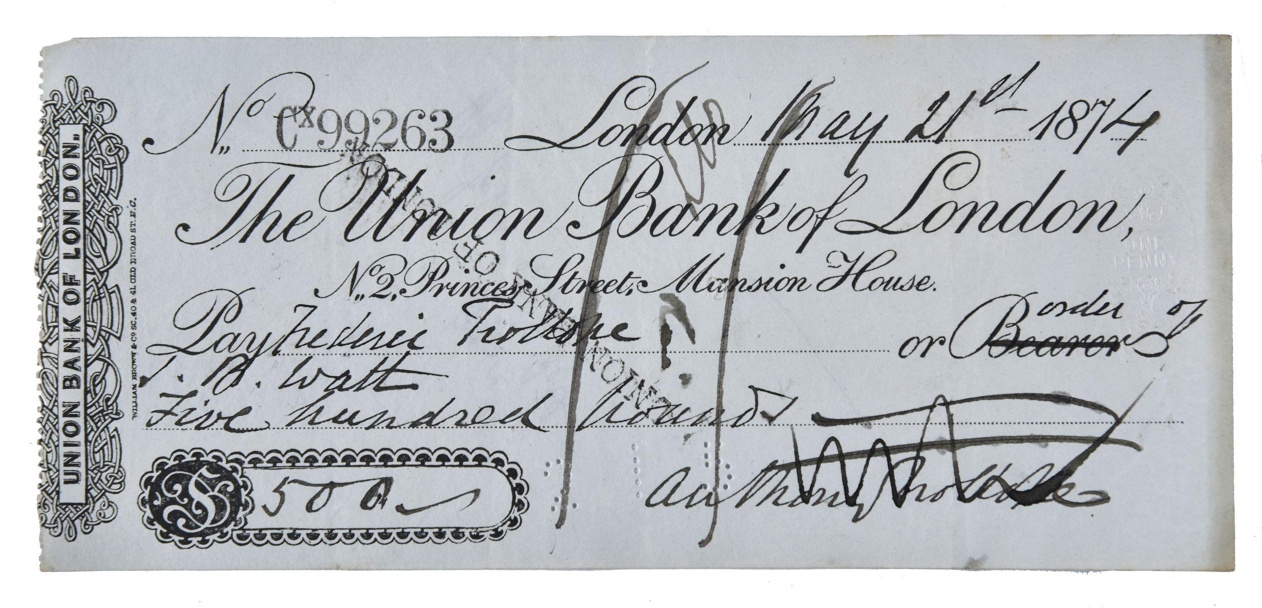 * Trollope (Anthony, 1815-1882). Autograph cheque signed, 1874