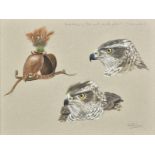 * Proud (Alistair, 1954-). Two watercolours of falconry hoods and hawks, [1954 - ]