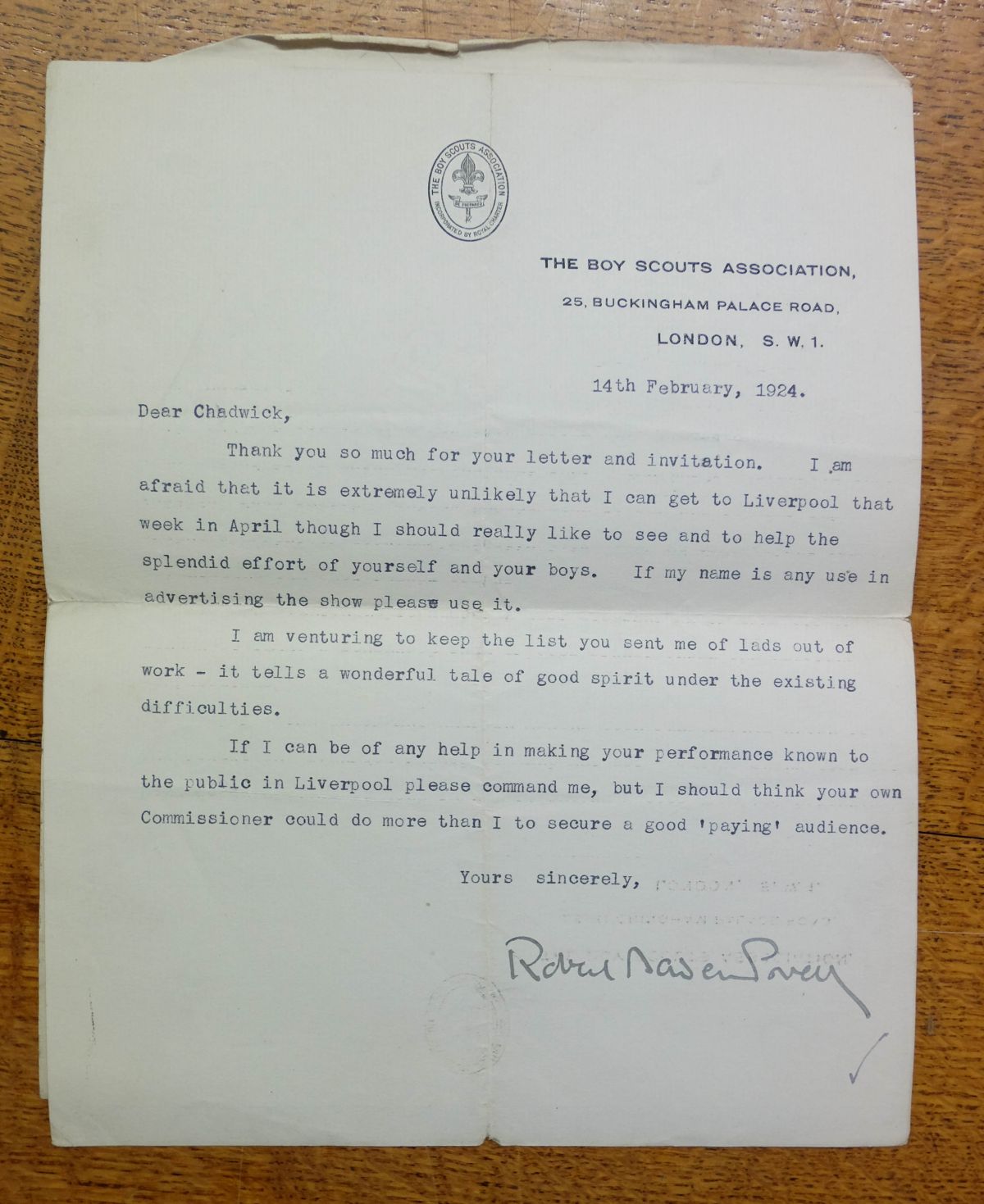 * Baden-Powell (Robert, 1857-1941). 5 Typed Letters Signed, 1920-25 - Image 5 of 8