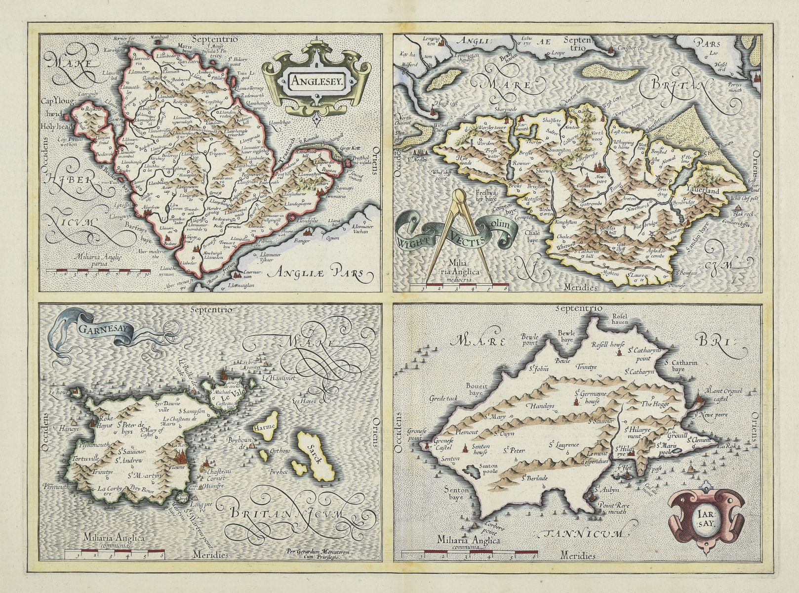 * British Islands. Mercator (Gerard & Hondius J.). Anglesey, Garnesay, Wight..., & Jarsay, 1636