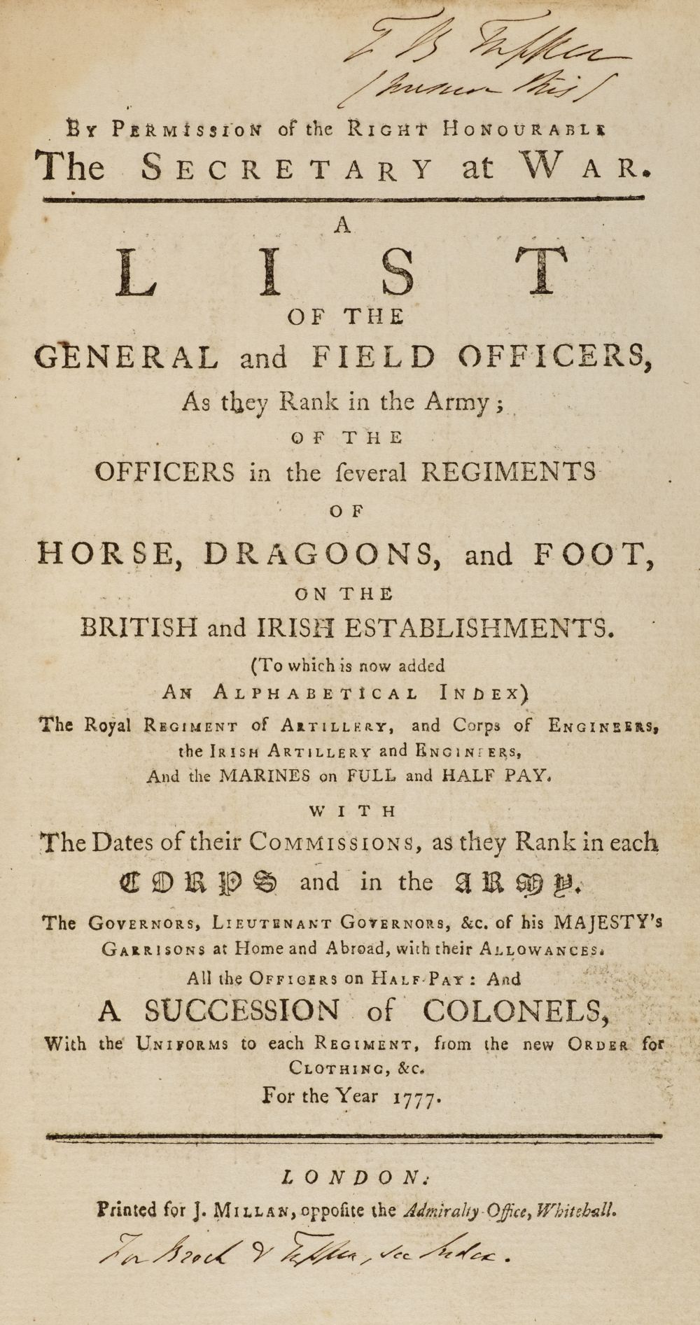 Army Lists. A List of the General and Field Officers for the Year 1777, & 7 others