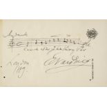 * Grieg (Edvard, 1843-1907). Autograph musical quotation signed, 1889