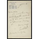 * Stoker (Bram, 1847-1912). Autographed letter signed on writing paper of Henry Irving's 1897 tour