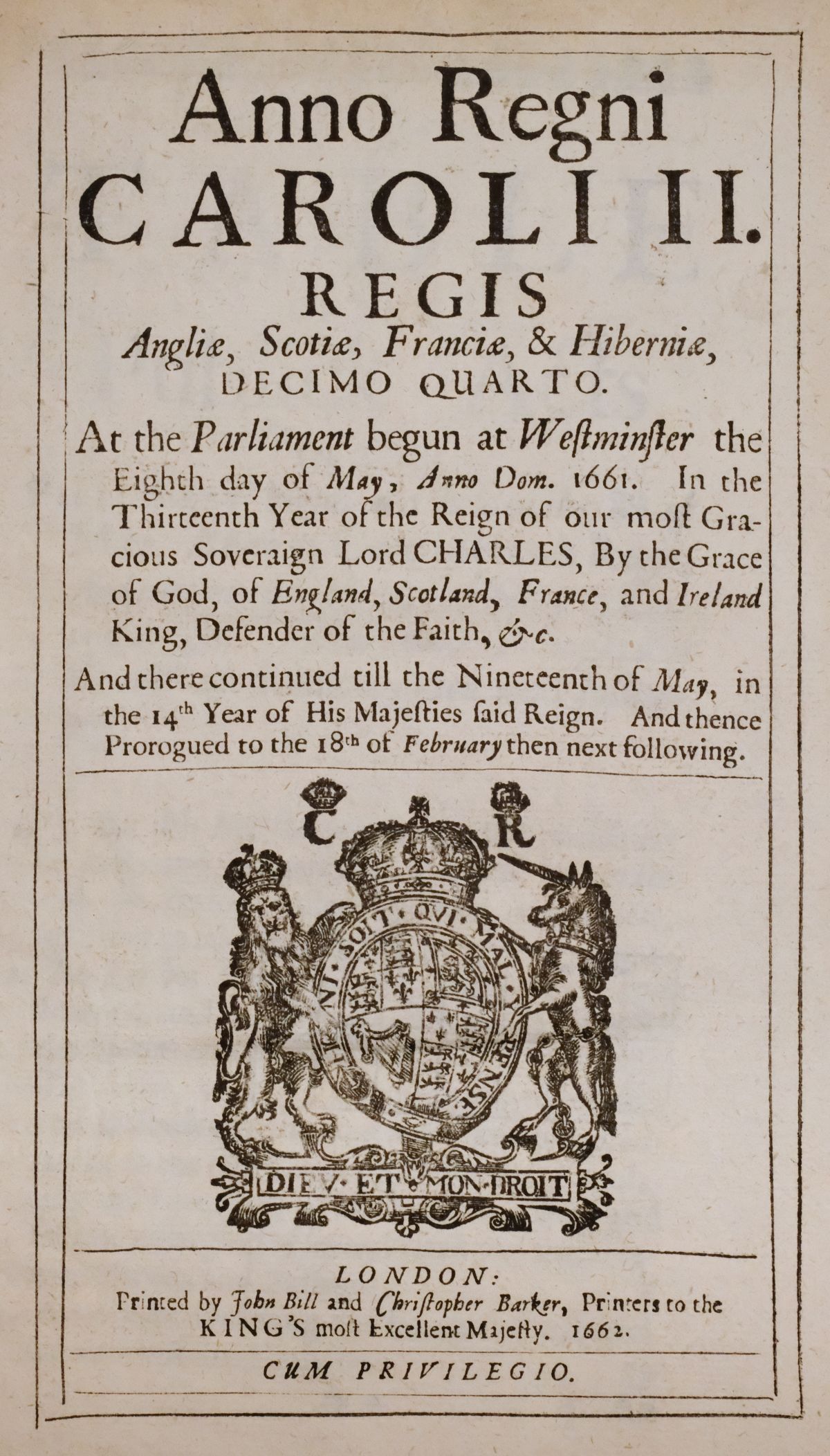 Acts of Parliament. Volume containing 32 Acts for the session of 1662