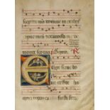 * Continental illuminations. Antiphonary leaf with figurative initial, Italy, 15th century
