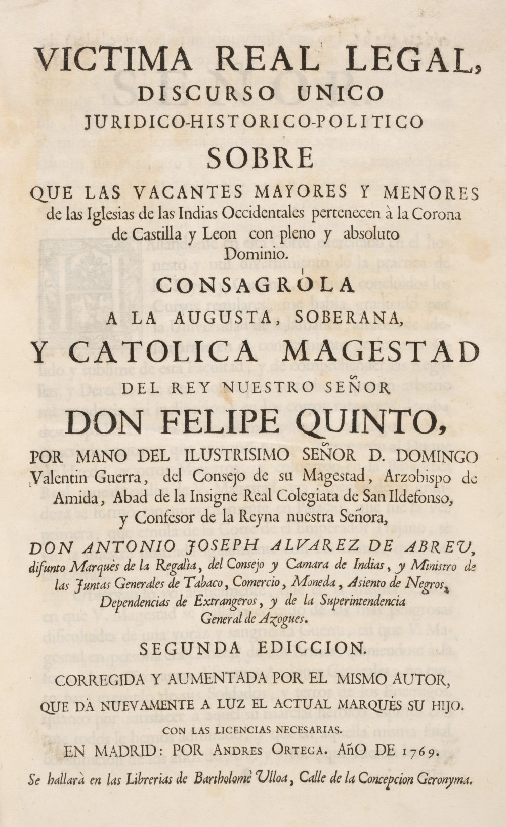 Alvarez de Albeu. Victima Real Legal Discurso Unico Juridico-Historico-Politico, Madrid, 1769