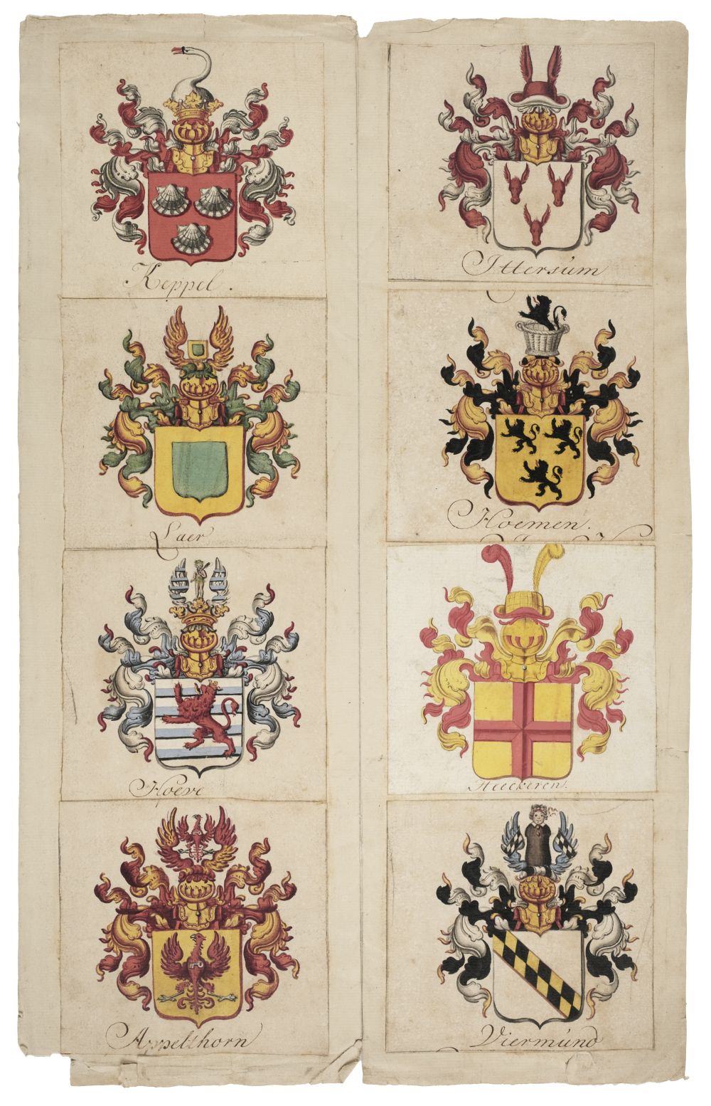 * Heraldry. A collection of fine handpainted heraldic armorials, early 18th century,