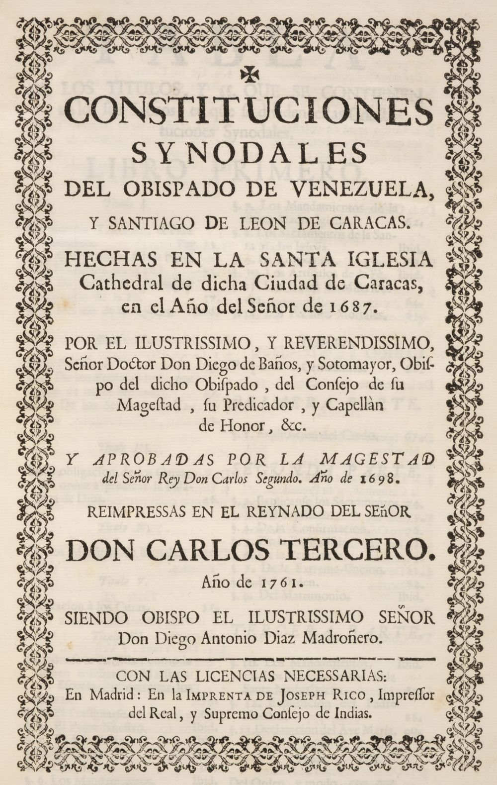 Baños y Sotomayor (Diego). Constituciones Synodales del Obispado de Venezuela, Madrid, 1761