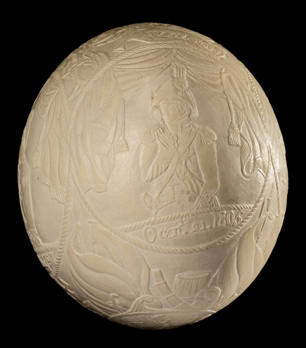 * Battle of Trafalgar. An ostrich egg, finely carved in shallow relief, circa 1805