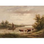 * Earp (Henry I, 1831-1914). River landscape with barge and cattle watering, cathedral in background