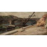 * Lepine (Stanislas, 1835-1892). Quayside, barge and railway bridge on the River Seine