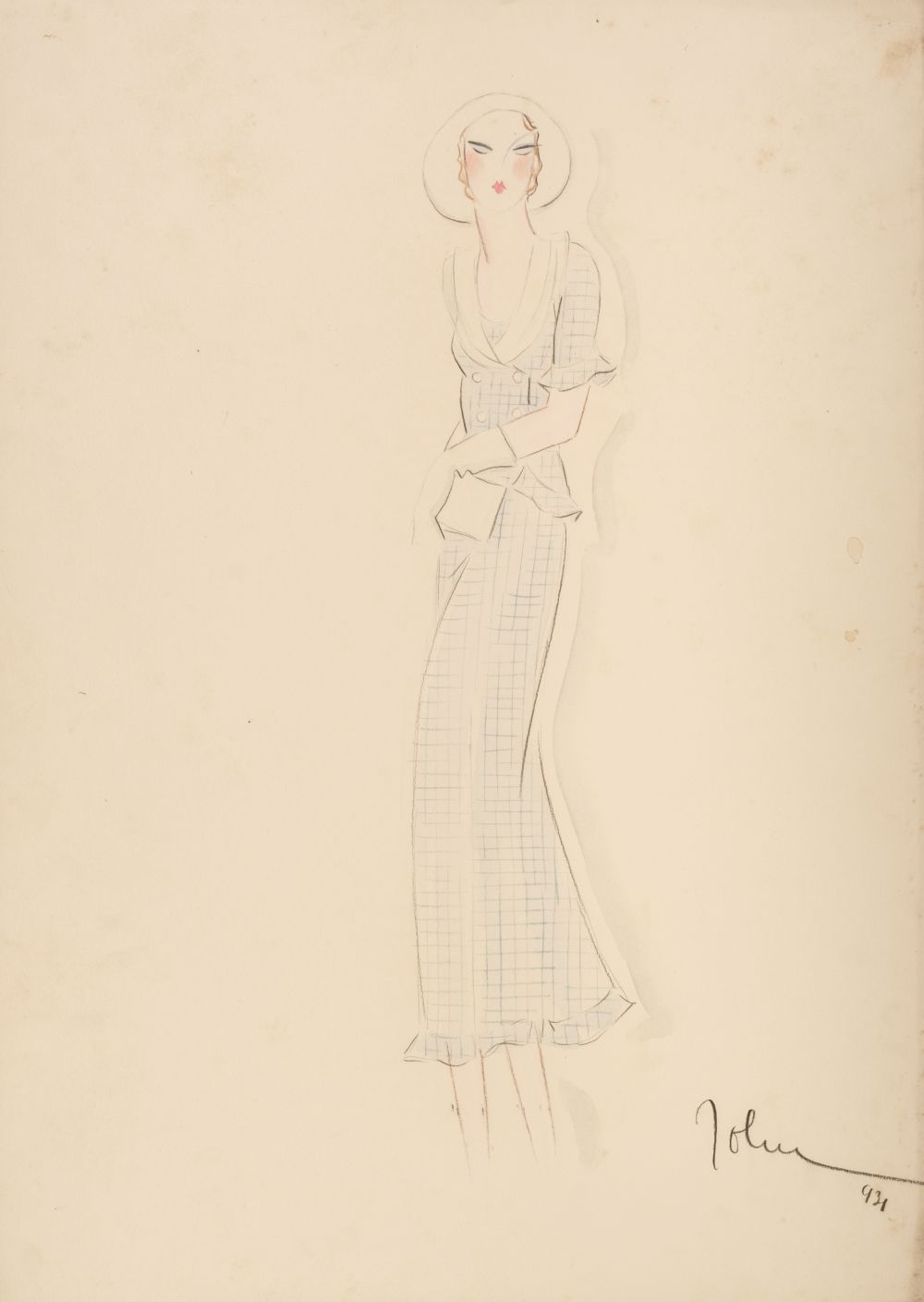 * Guida (John, 1896-1965). Fashion design for a blue and white day dress, circa 1930