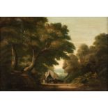 * English School. Rural Landscape with figures and covered wagon on a track